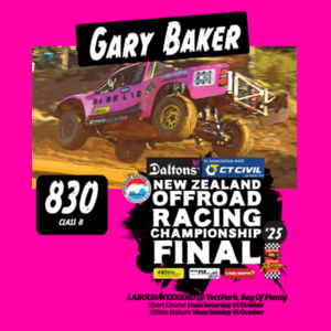 830 Gary Baker ORANZ NZ Offroad Racing Championship 2025 FINAL tee shirt - All colours, all sizes Design